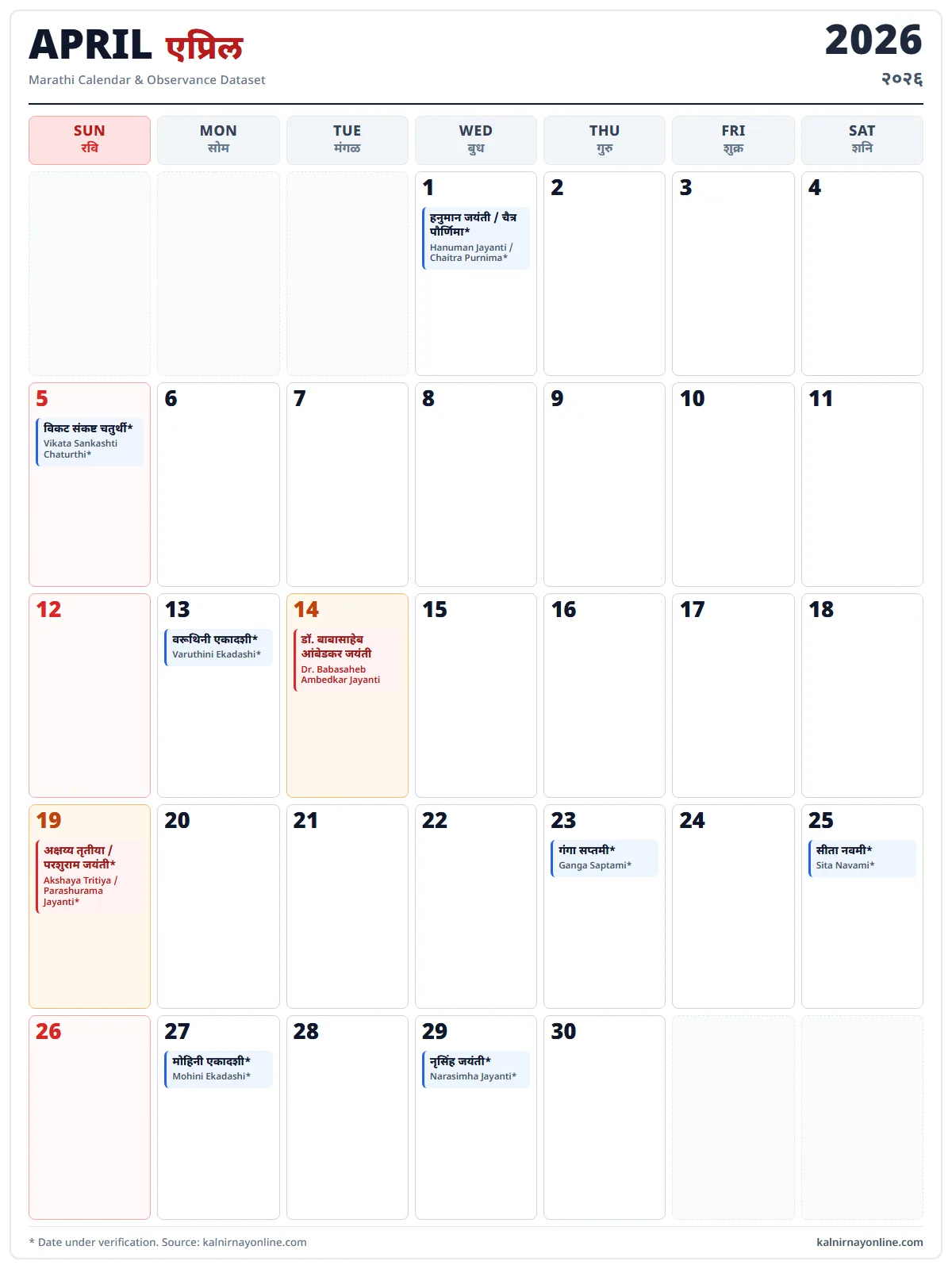 April 2026 Marathi calendar with festivals and public holidays