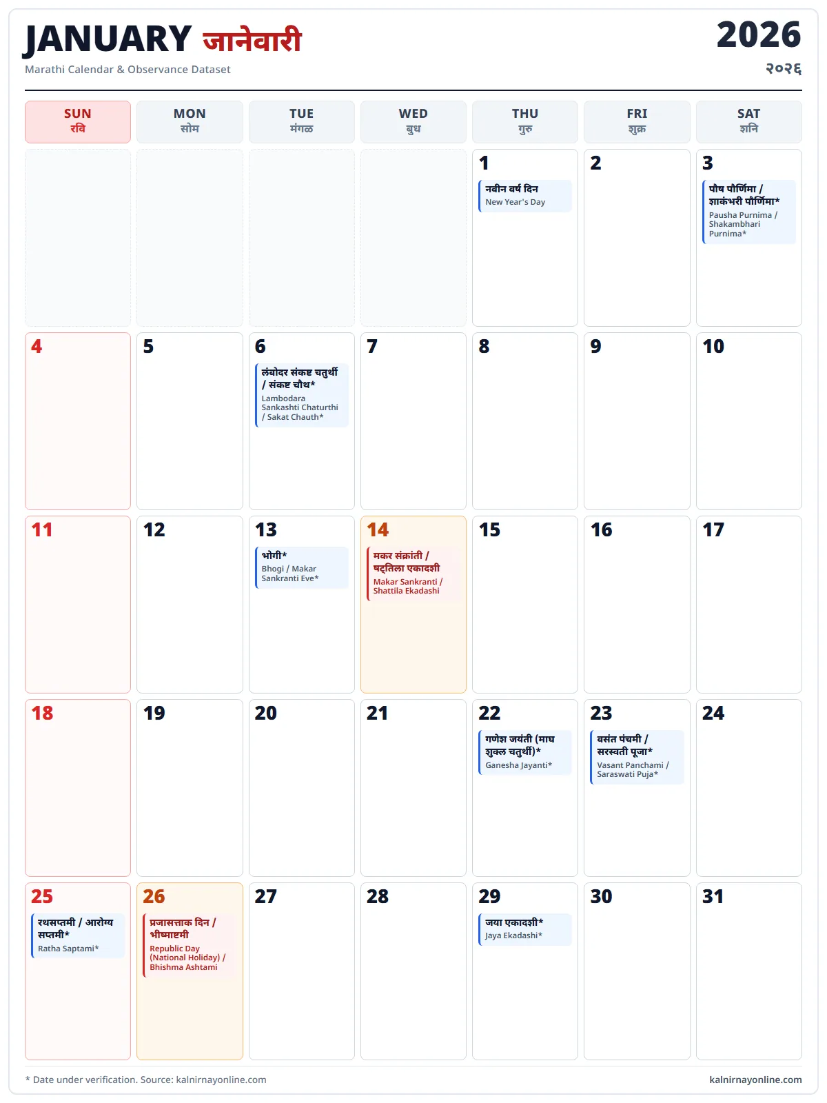 January 2026 Marathi calendar with festivals and public holidays