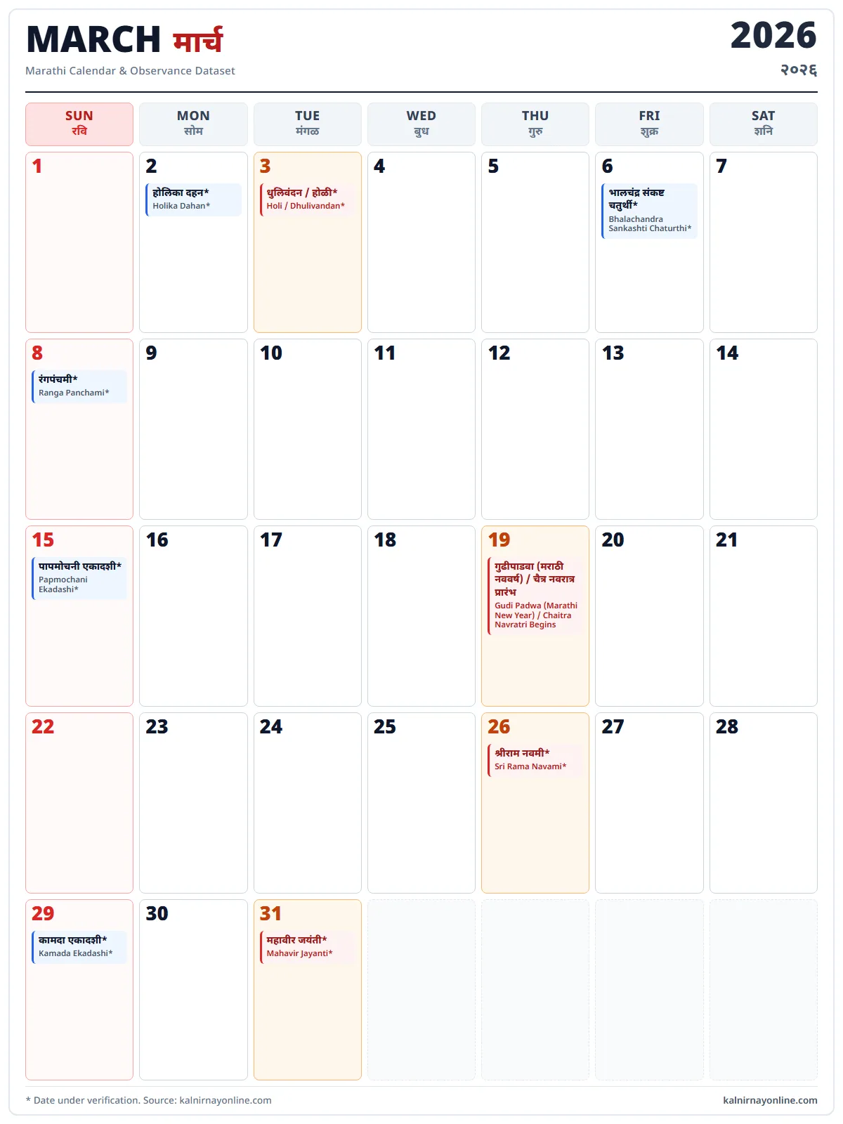 March 2026 Marathi calendar with festivals and public holidays